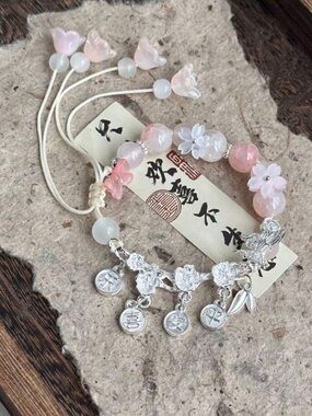 1pc New Elegant Chinese Style Pink Floral Beaded Adjustable Bracelet
